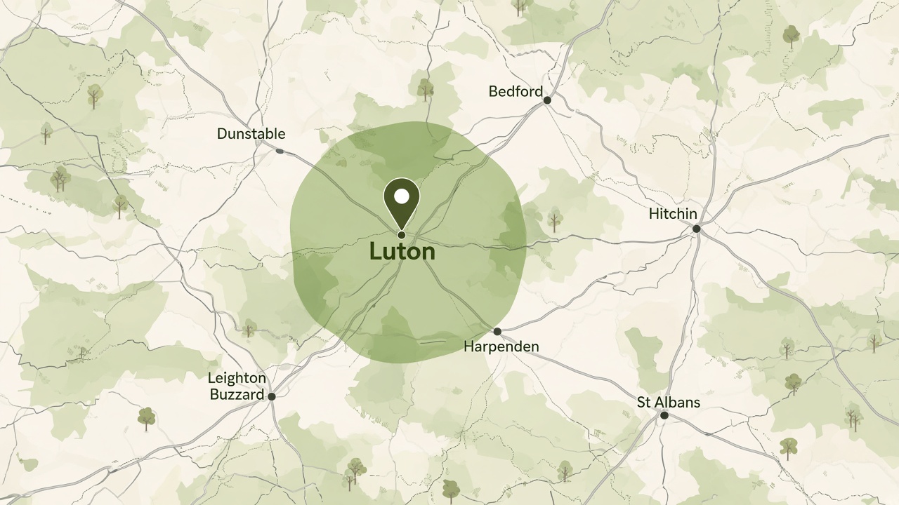 Map of our service area covering Luton and surrounding towns including Dunstable, Hitchin, Harpenden, St Albans, Bedford and Leighton Buzzard